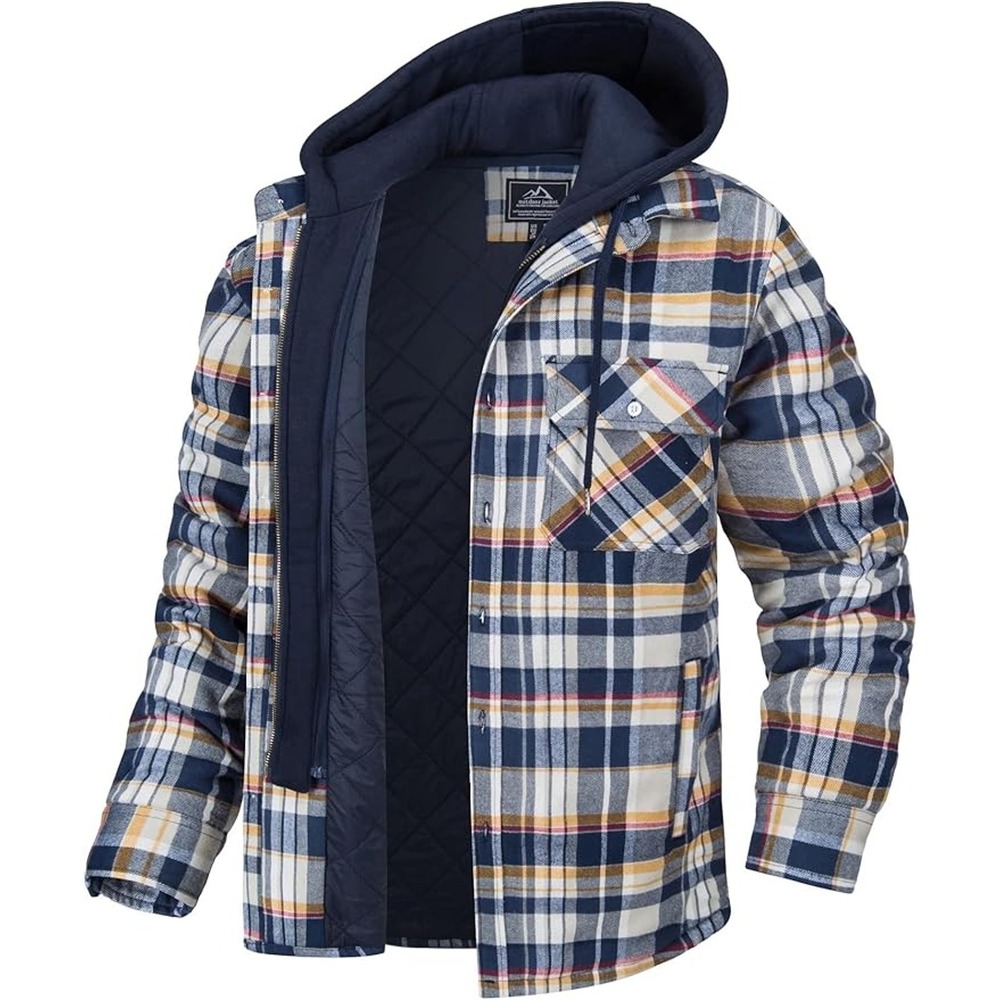 TacVasen Flannel Jacket Plaid Shacket Hood Layer Hoodie Blue Tan Sz M Men's